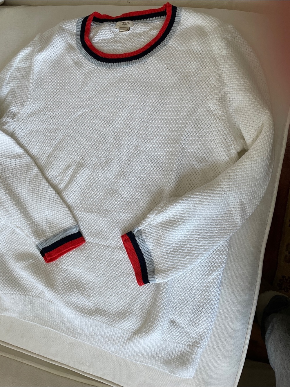 J. Crew White Textured Crewneck Sweater with Red & Navy Trim